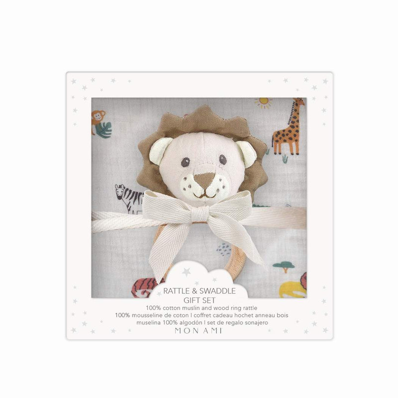 SAFARI SWADDLE &  LION RATTLE GIFT SET